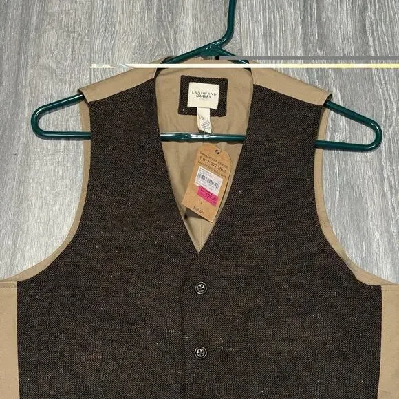 Lands End Canvas 1963 Tweed Wool Vest Brown Size Small Button With Chambray Back - Picture 2 of 8